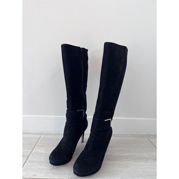 Nine West NWEVAH Size 9 1/2 M Tall Black 3 1/2 Inch Heel Boots with Zipper - Picture 2 of 14